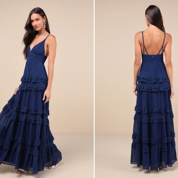LULU's Sexy FLowy Elegant Prom Wedding Boho Romantic Tiered Ruffles Maxi Dress - Picture 4 of 4